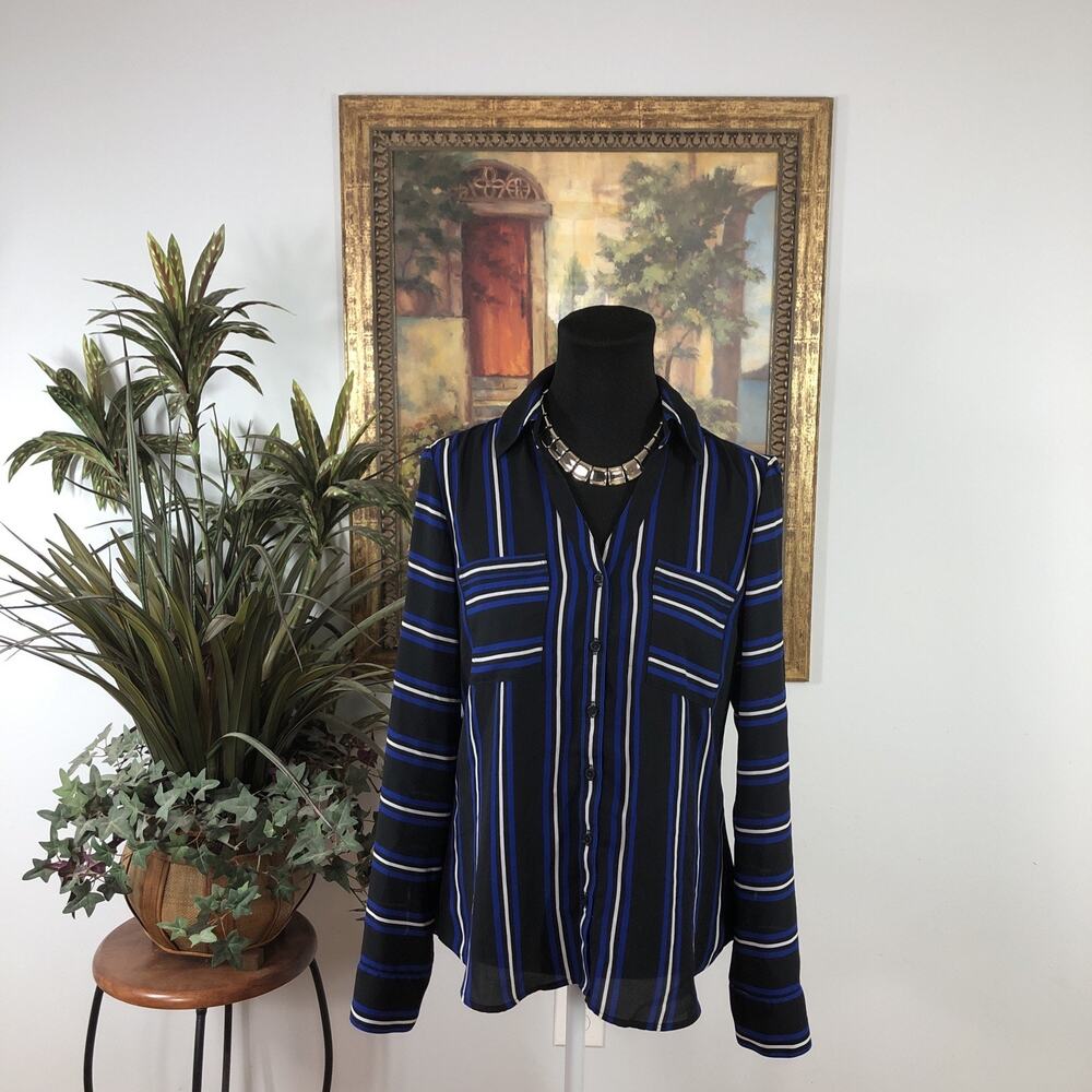 Express Portofino Shirt Women SP Black White Stripe Button Front Long Sleeve Top